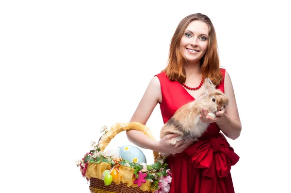Cheerful easter woman with rabbit — Stock Photo, Image