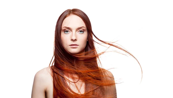 Beautiful red haired with windy hair — Stock Photo, Image