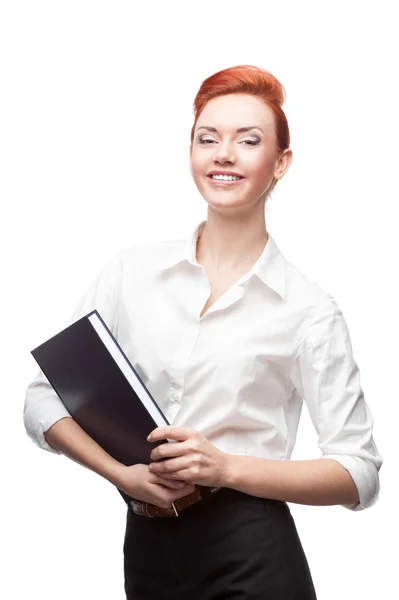 Mladá usměvavá obchodní žena držící deník — Stock fotografie