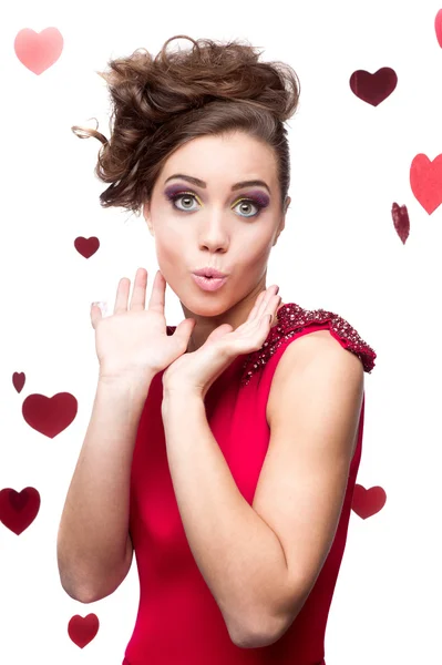 Cheerful young woman in red dress — Stock Photo, Image