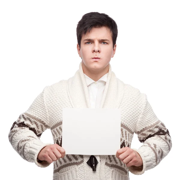 Funny casual winter man holding sign — Stock Photo, Image