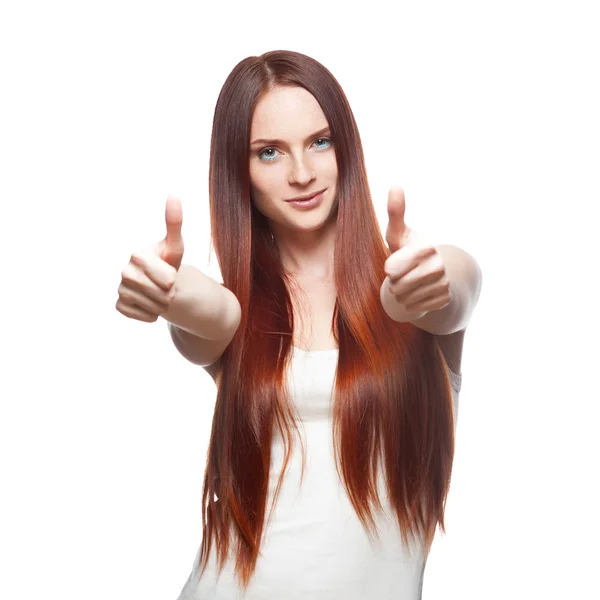 Young red-haired woman showing thumb-up — Stock Photo, Image