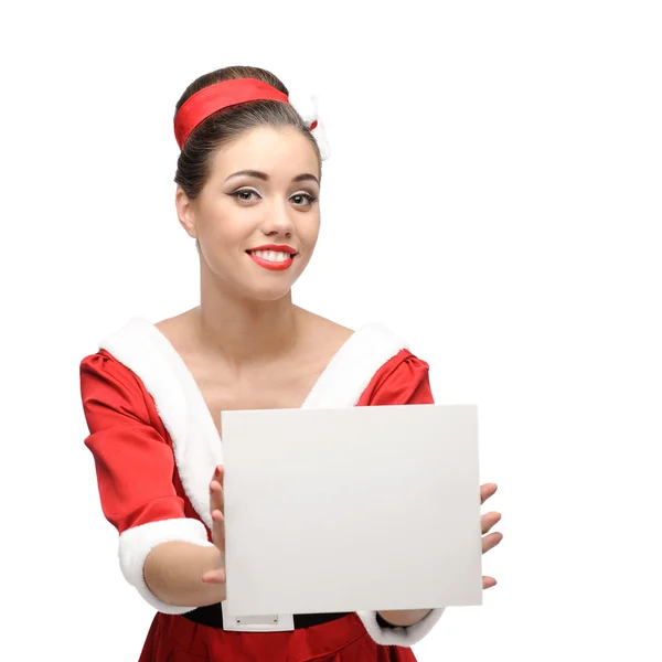 Cheerful retro girl holding sign — Stock Photo, Image