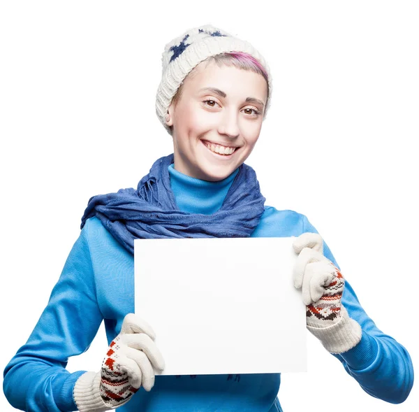 Aantrekkelijke vrolijke vrouw bedrijf teken — Stockfoto