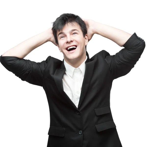 Cheerful successful businessman in black suite — Stock Photo, Image