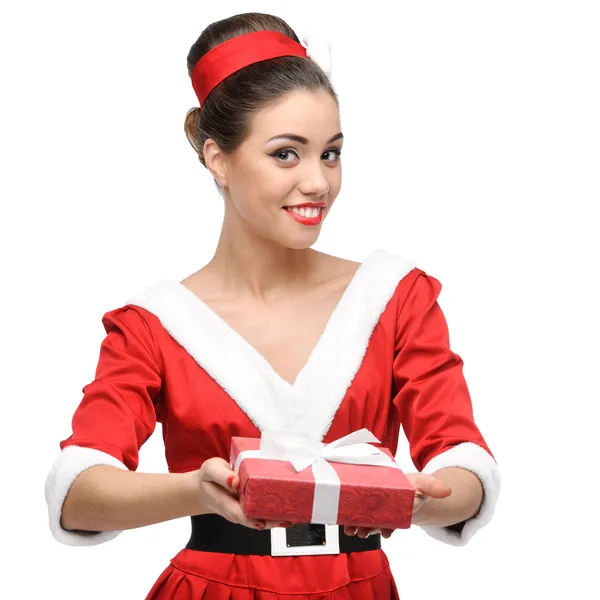 Cheerful retro girl holding red gift — Stock Photo, Image