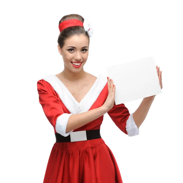 Cheerful retro girl holding sign — Stock Photo, Image