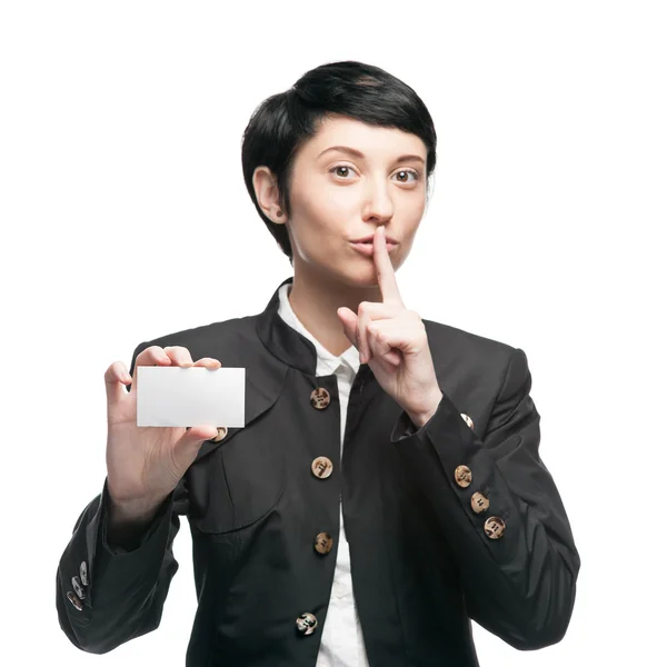 Businesswoman holding business card — Stock Photo, Image