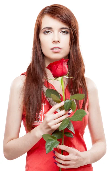 Ragazza che tiene rosa rossa — Foto Stock