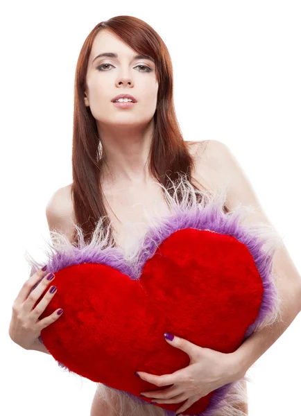 Girl holding fur red heart — Stock Photo, Image