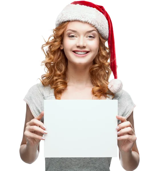 Young cheerful girl holding sign on white — Stock Photo, Image