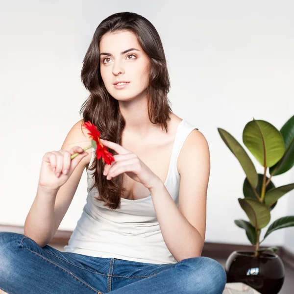Thoughtfulcasual brunette girl holding red flower — Stock Photo, Image