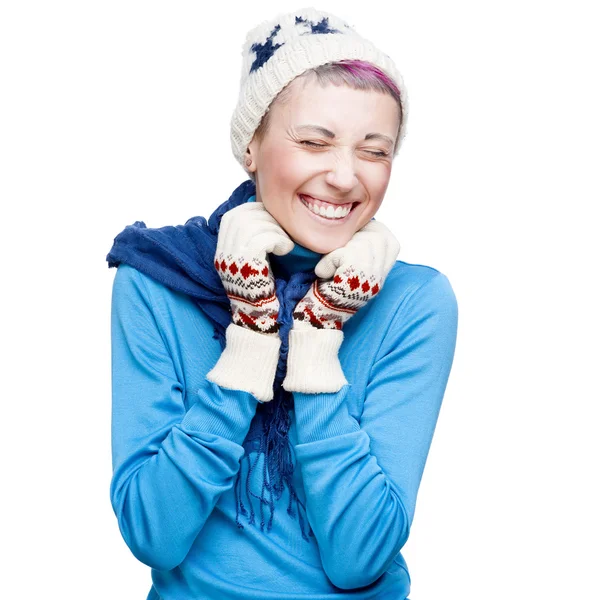 Young cheerful girl in winter clothing on white — Stock Photo, Image