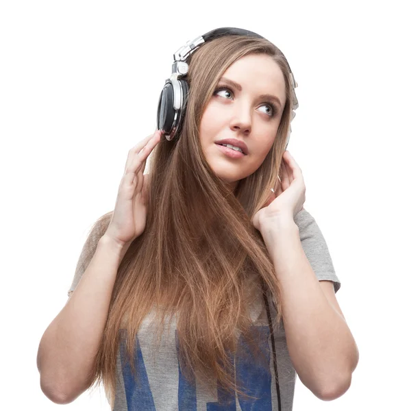 Chica de música casual en blanco — Foto de Stock