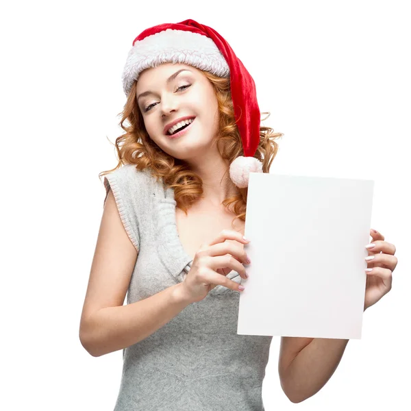 Young cheerful girl holding sign on white — Stock Photo, Image