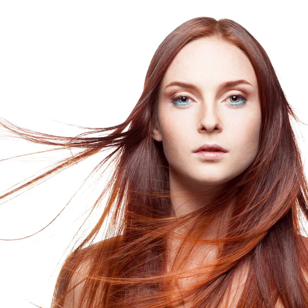 Red woman with blowing hair — Stock Photo, Image