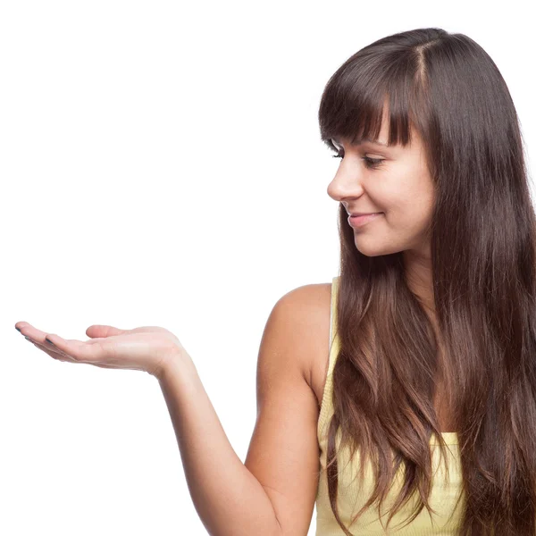 Girl pointing at empty space — Stock Photo, Image