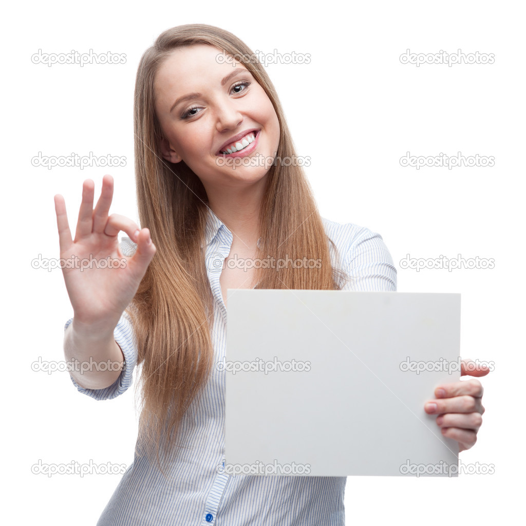 businesswoman holding sign