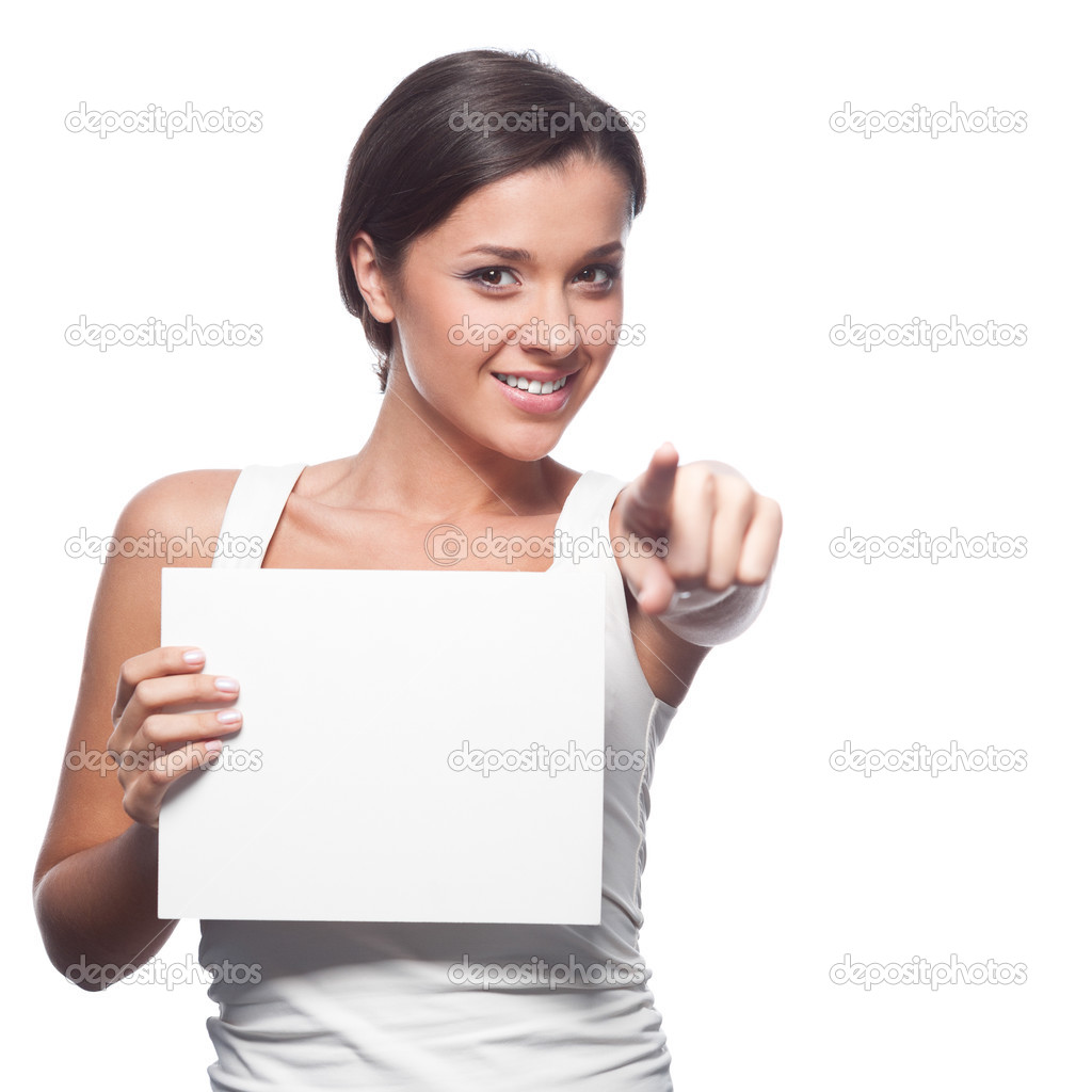 casual young brunette girl holding sign