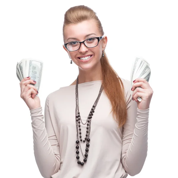 Bizneswoman gospodarstwa pieniądze — Zdjęcie stockowe