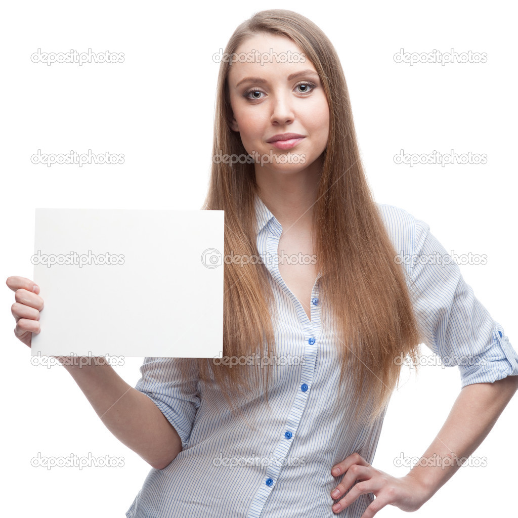 businesswoman holding sign