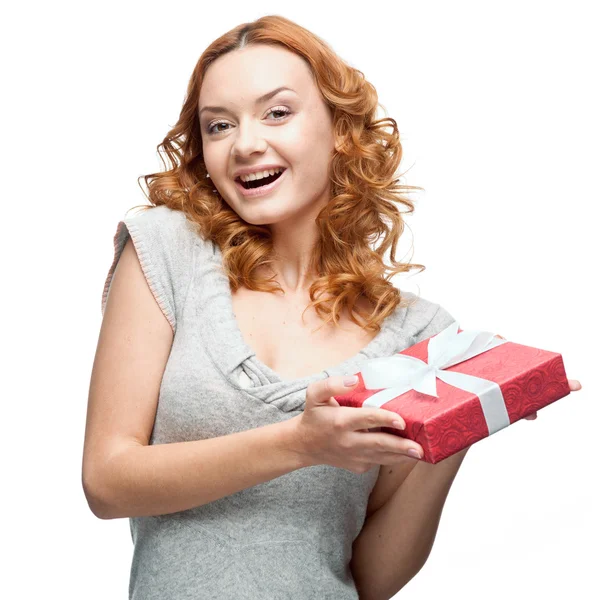 Happy woman holding gift — Stock Photo, Image