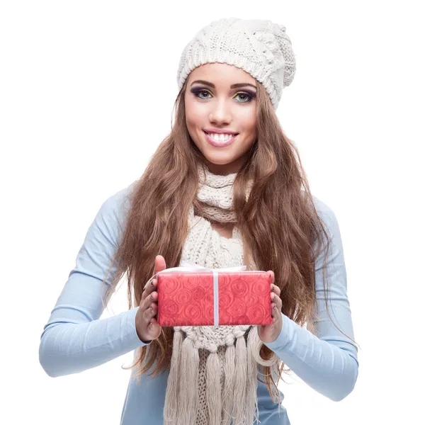 Casual beautiful girl holding gift — Stock Photo, Image