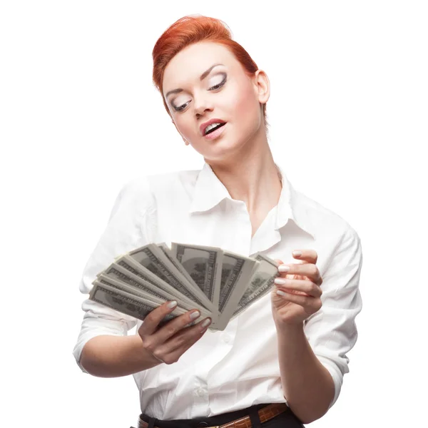 Admiring business woman counting money — Stock Photo, Image