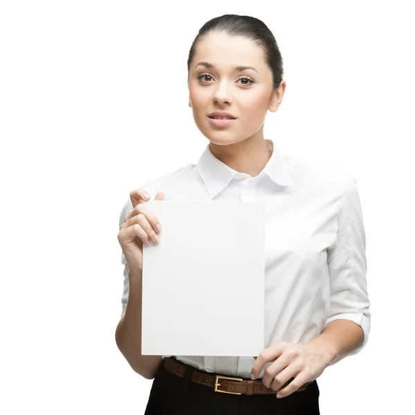 Young cheerful businesswoman holding sign — Stock Photo, Image