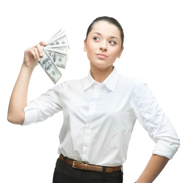 Thoughtful businesswoman holding money — Stock Photo, Image