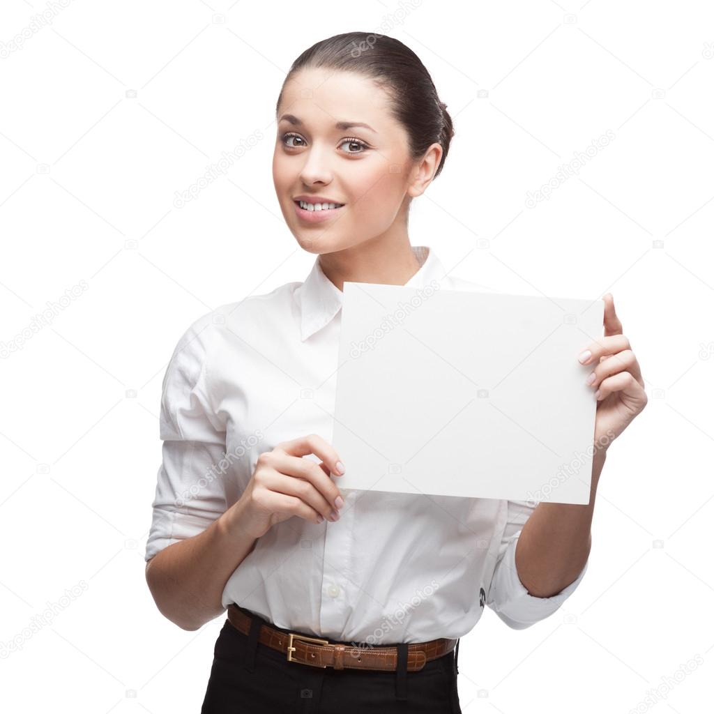 young cheerful businesswoman holding sign