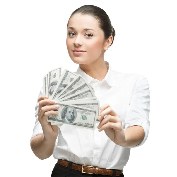 Young cheerful businesswoman holding money — Stock Photo, Image