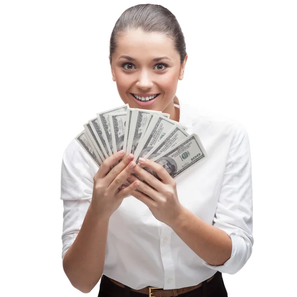 Sonriente joven mujer de negocios sosteniendo dinero —  Fotos de Stock