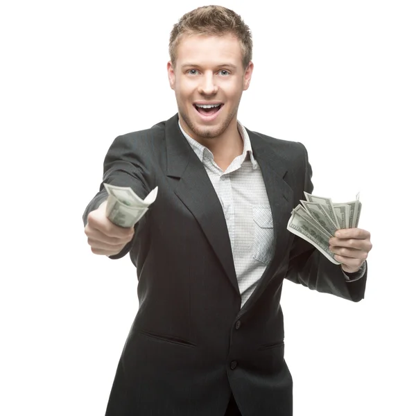 Happy businessman holding money — Stock Photo, Image