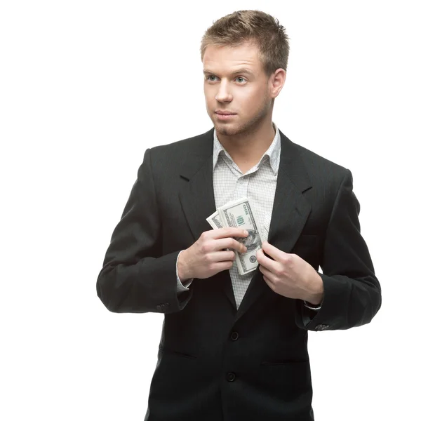 Happy businessman holding money — Stock Photo, Image