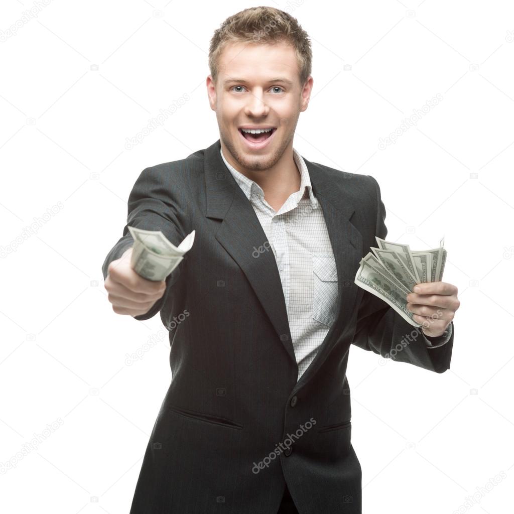 happy businessman holding money