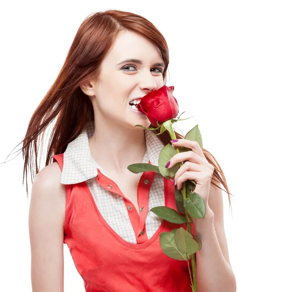 Ragazza che tiene rosa rossa — Foto Stock