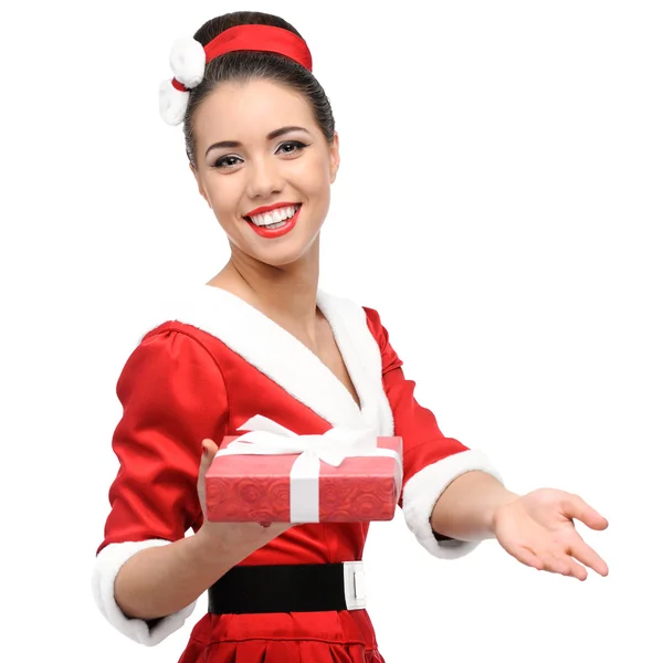 Cheerful retro girl holding red gift — Stock Photo, Image