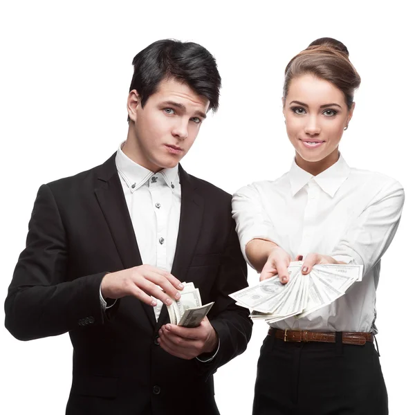 Jovens empresários felizes segurando dinheiro — Fotografia de Stock