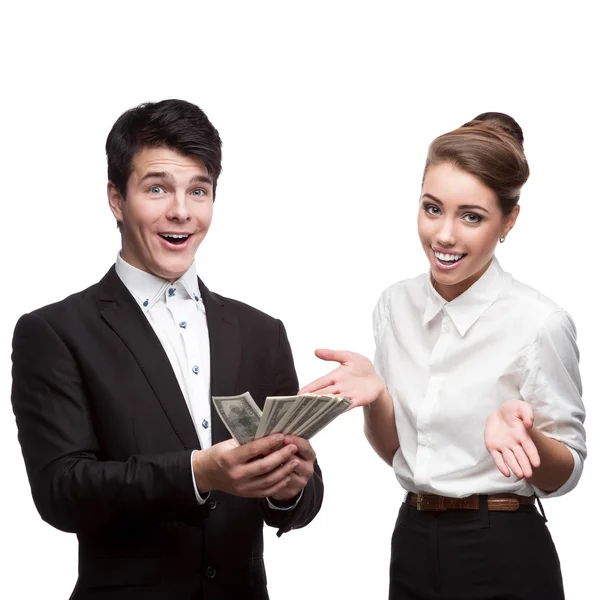 Young happy business people holding money — Stock Photo, Image