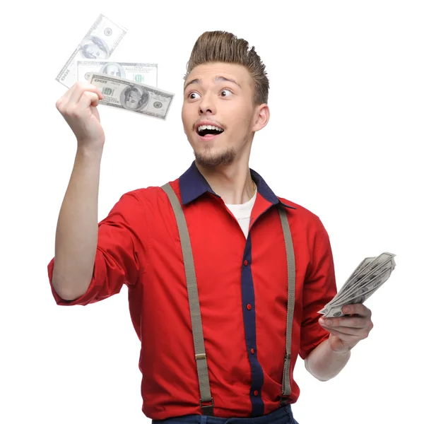 Cheerful retro man holding money — Stock Photo, Image