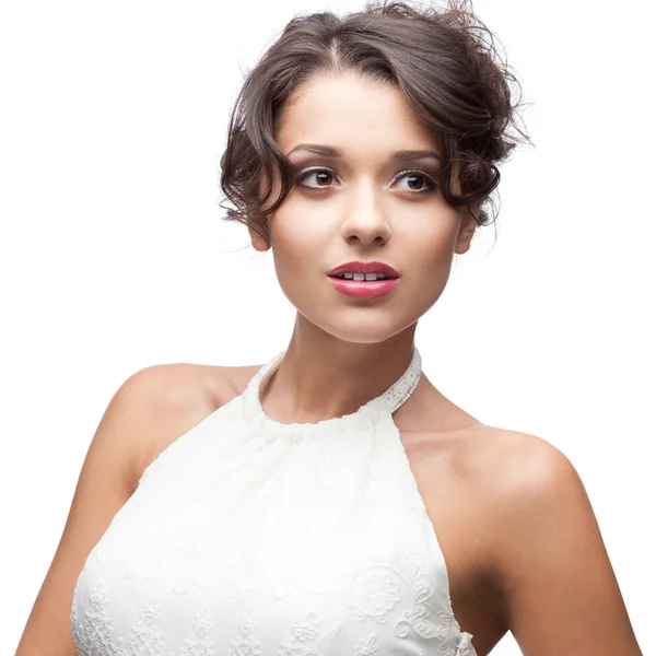 Attractive brunette woman in white dress — Stock Photo, Image
