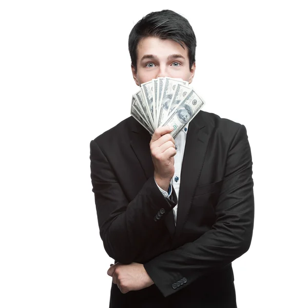 Funny businessman holding money — Stock Photo, Image