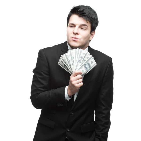 Funny businessman holding money — Stock Photo, Image