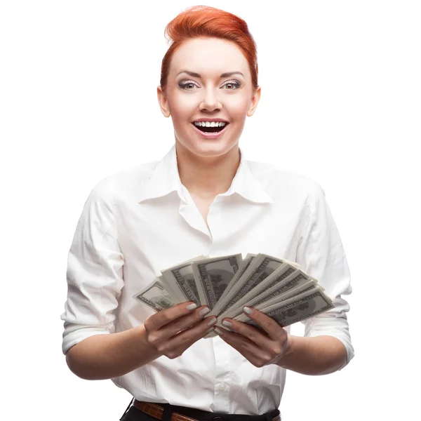 Деловая женщина, держащая деньги — стоковое фото