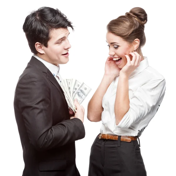 Young happy business people holding money — Stock Photo, Image