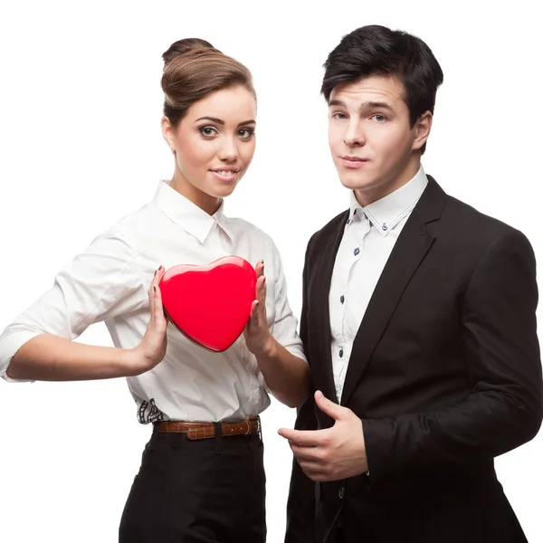 Young happy business people holding red Valentine — Stock Photo, Image