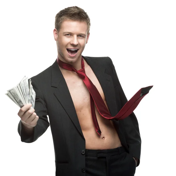 Sexy winking businessman in red tie holding money — Stock Photo, Image