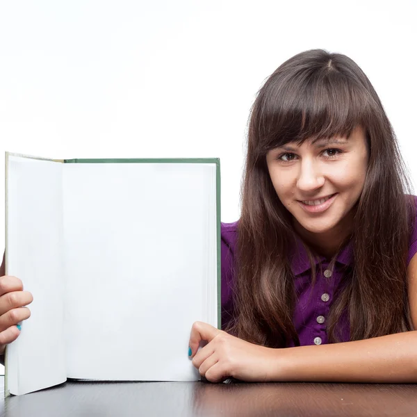 Attractive caucasian smiling girl holding book — Stock Photo, Image