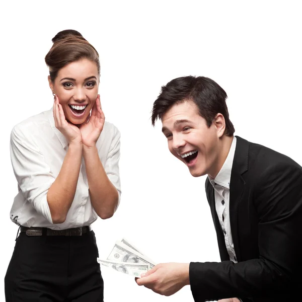 Молоді щасливі бізнесмени тримають гроші — стокове фото